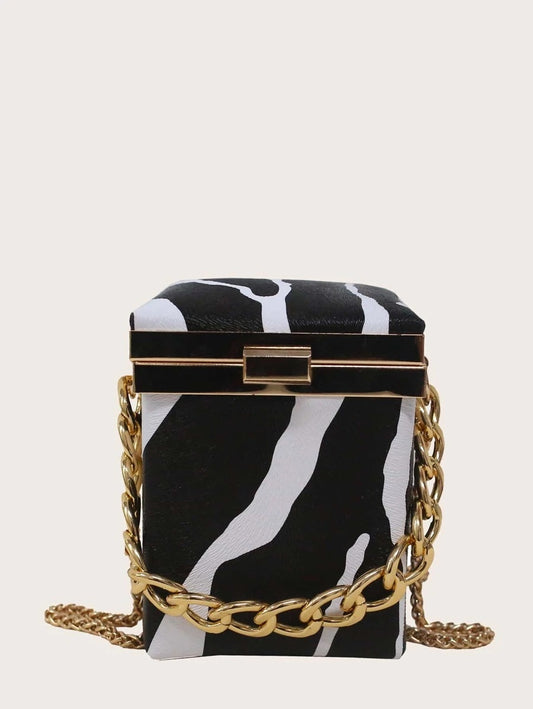 CM-BGS017829 Women Trendy Seoul Style Mini Zebra Print Chain Box Bag - Black