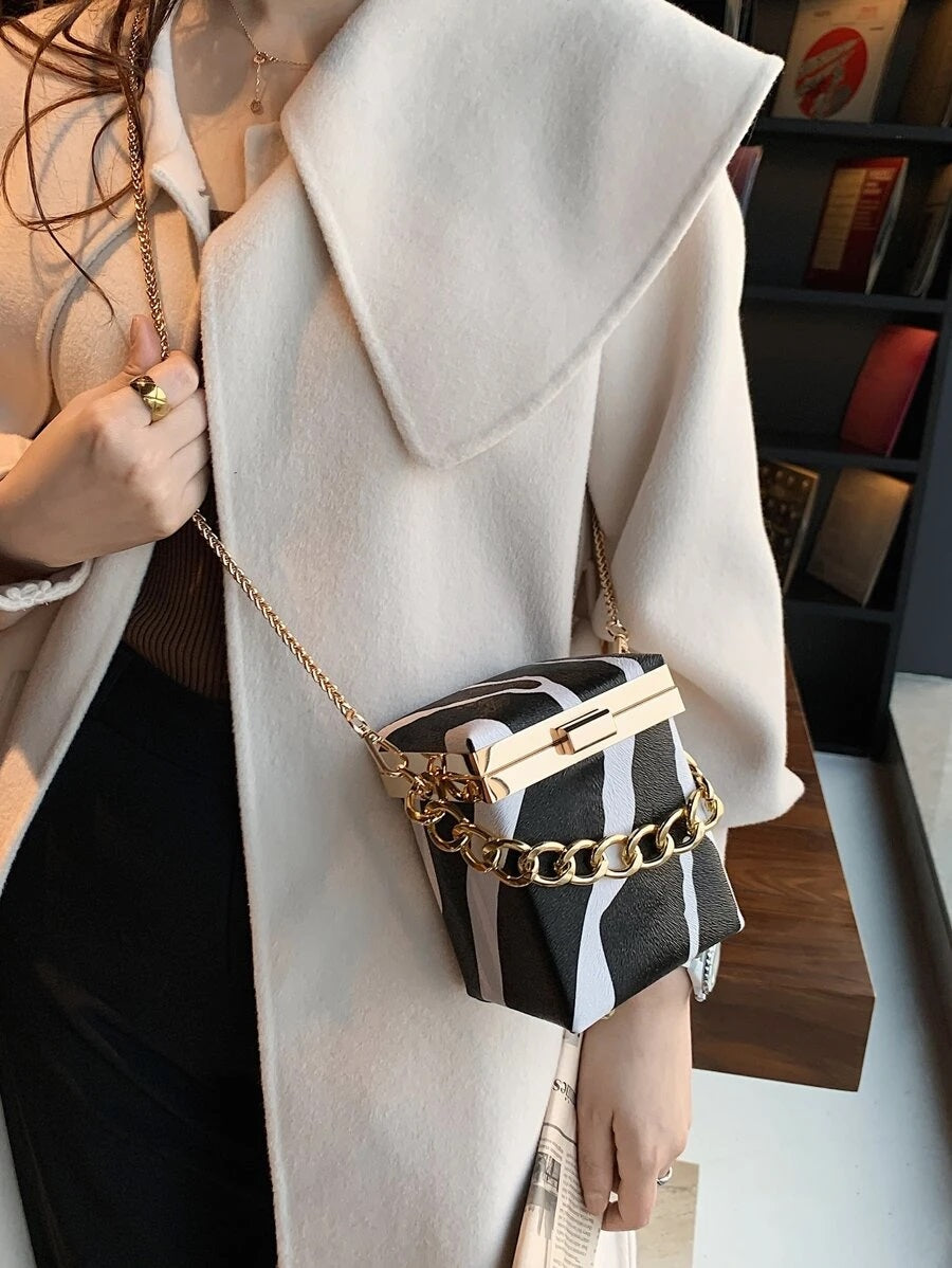 CM-BGS017829 Women Trendy Seoul Style Mini Zebra Print Chain Box Bag - Black