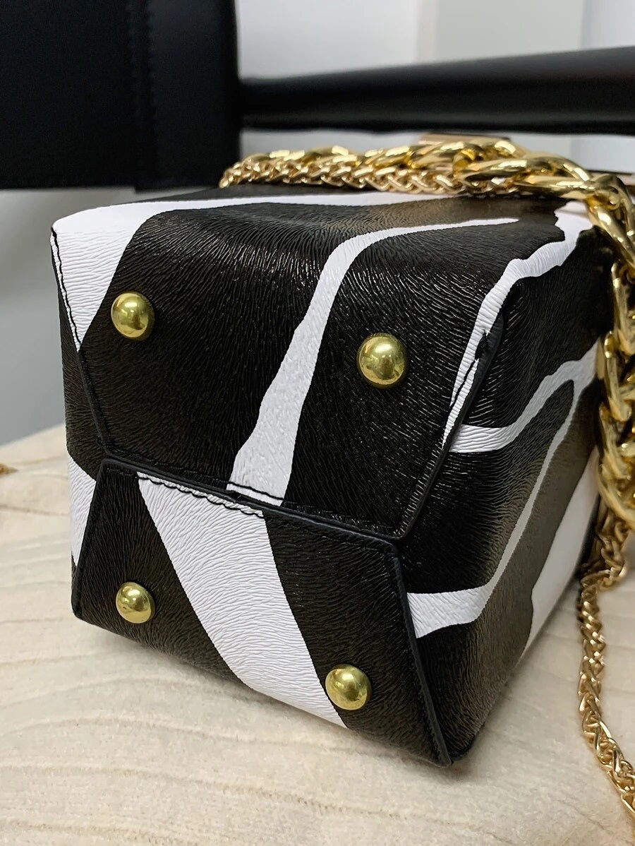 CM-BGS017829 Women Trendy Seoul Style Mini Zebra Print Chain Box Bag - Black