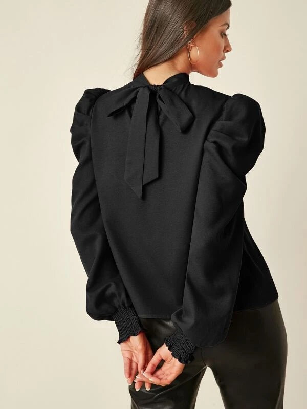 CM-TS012473 Women Elegant Seoul Style Tie Back Shirred Cuff Leg-Of-Mutton Sleeve Top - Black