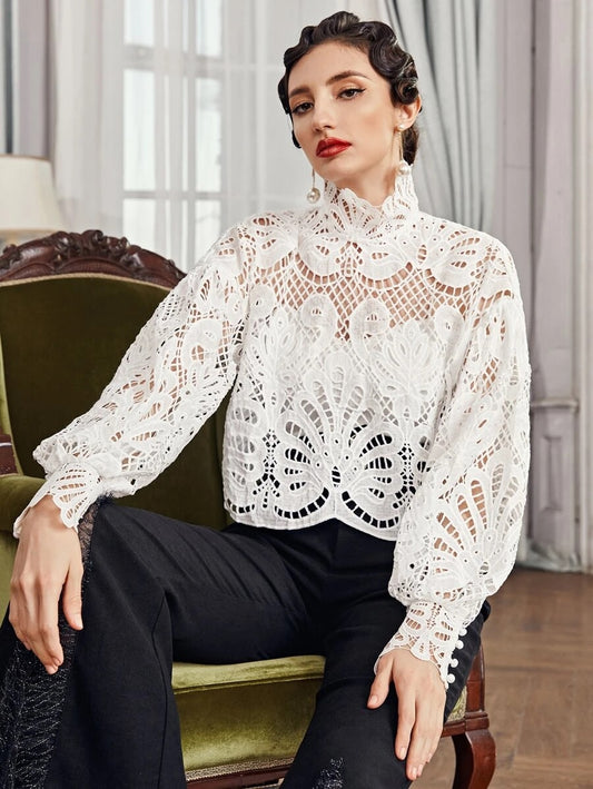 CM-TS007515 Women Elegant Seoul Style Long Sleeve High Neck Guipure Lace Top - White