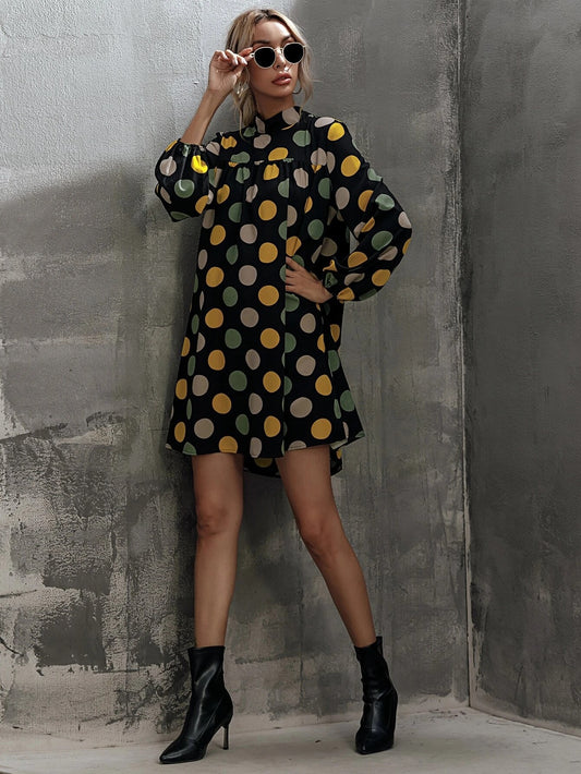 CM-DS012363 Women Casual Seoul Style Polka Dot Tie Back Bishop Sleeve Babydoll Dress
