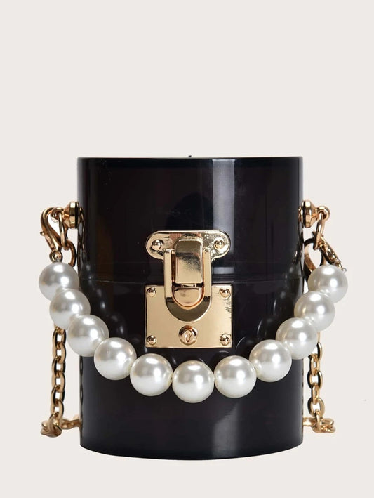 CM-BGS021127 Women Trendy Seoul Style Mini Faux Pearl Beaded Bucket Bag - Black