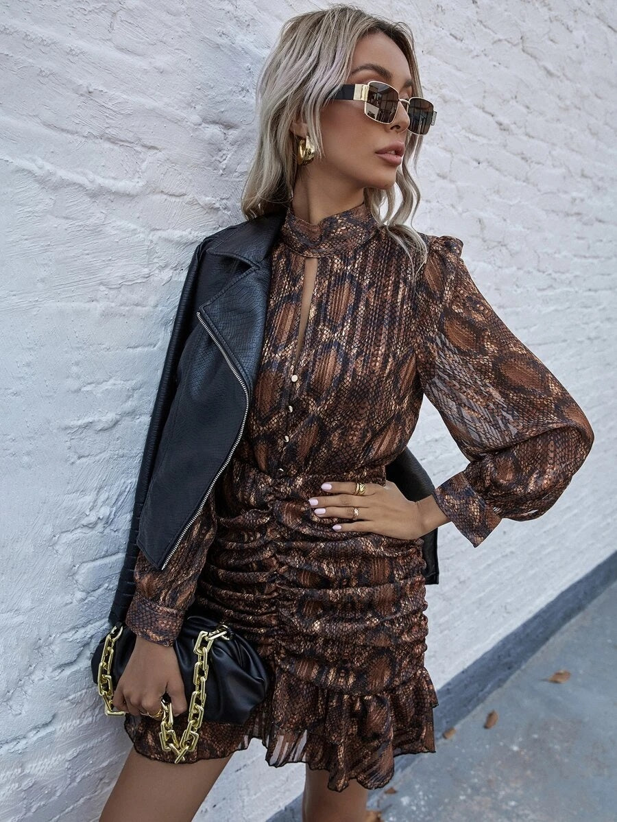 CM-DS012062 Women Casual Seoul Style Snakeskin Print Ruched Ruffle Hem Dress