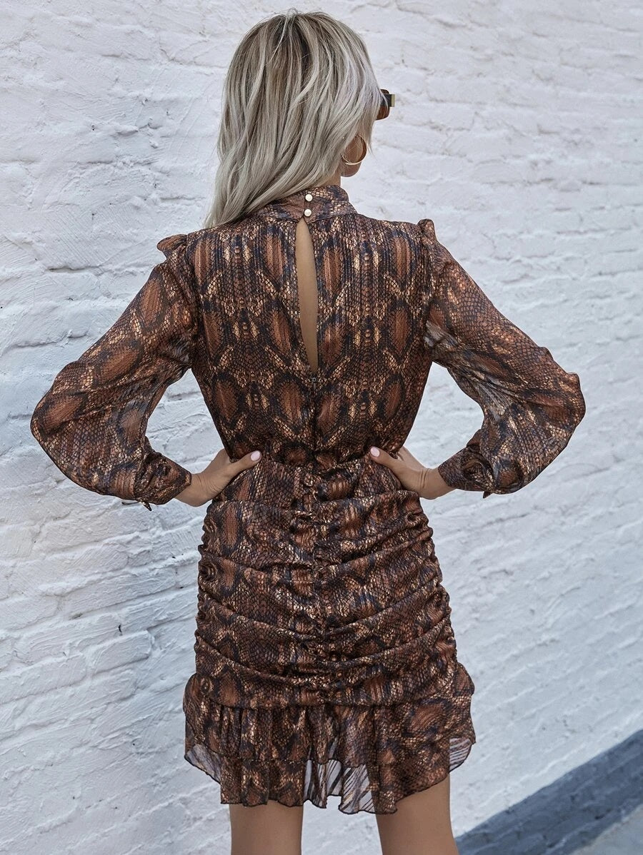 CM-DS012062 Women Casual Seoul Style Snakeskin Print Ruched Ruffle Hem Dress