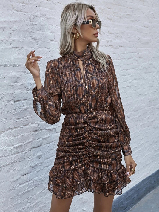 CM-DS012062 Women Casual Seoul Style Snakeskin Print Ruched Ruffle Hem Dress