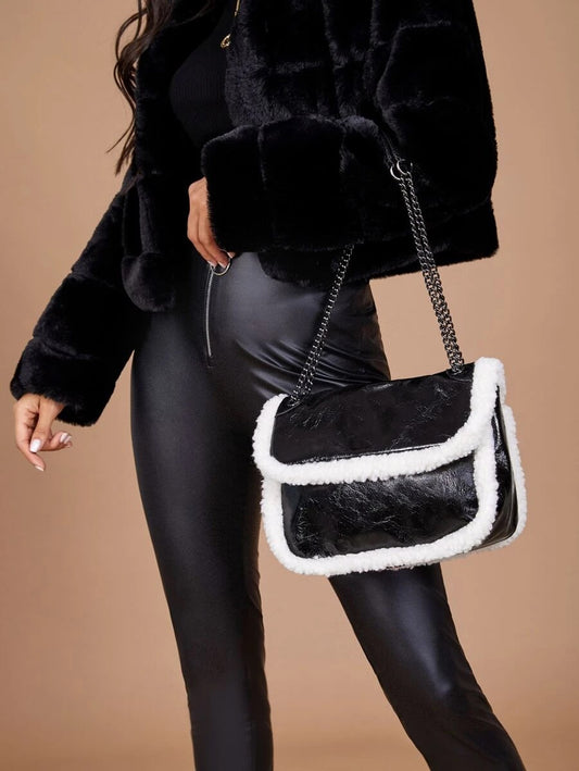 CM-BGS914175 Women Trendy Seoul Style Faux Shearling Panel Tote Bag - Black