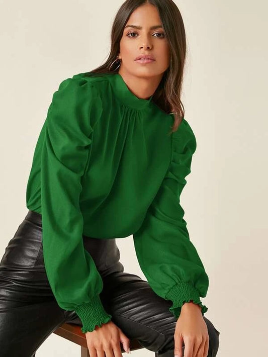 CM-TS012730 Women Elegant Seoul Style Tie Back Shirred Cuff Leg-Of-Mutton Sleeve Top - Green