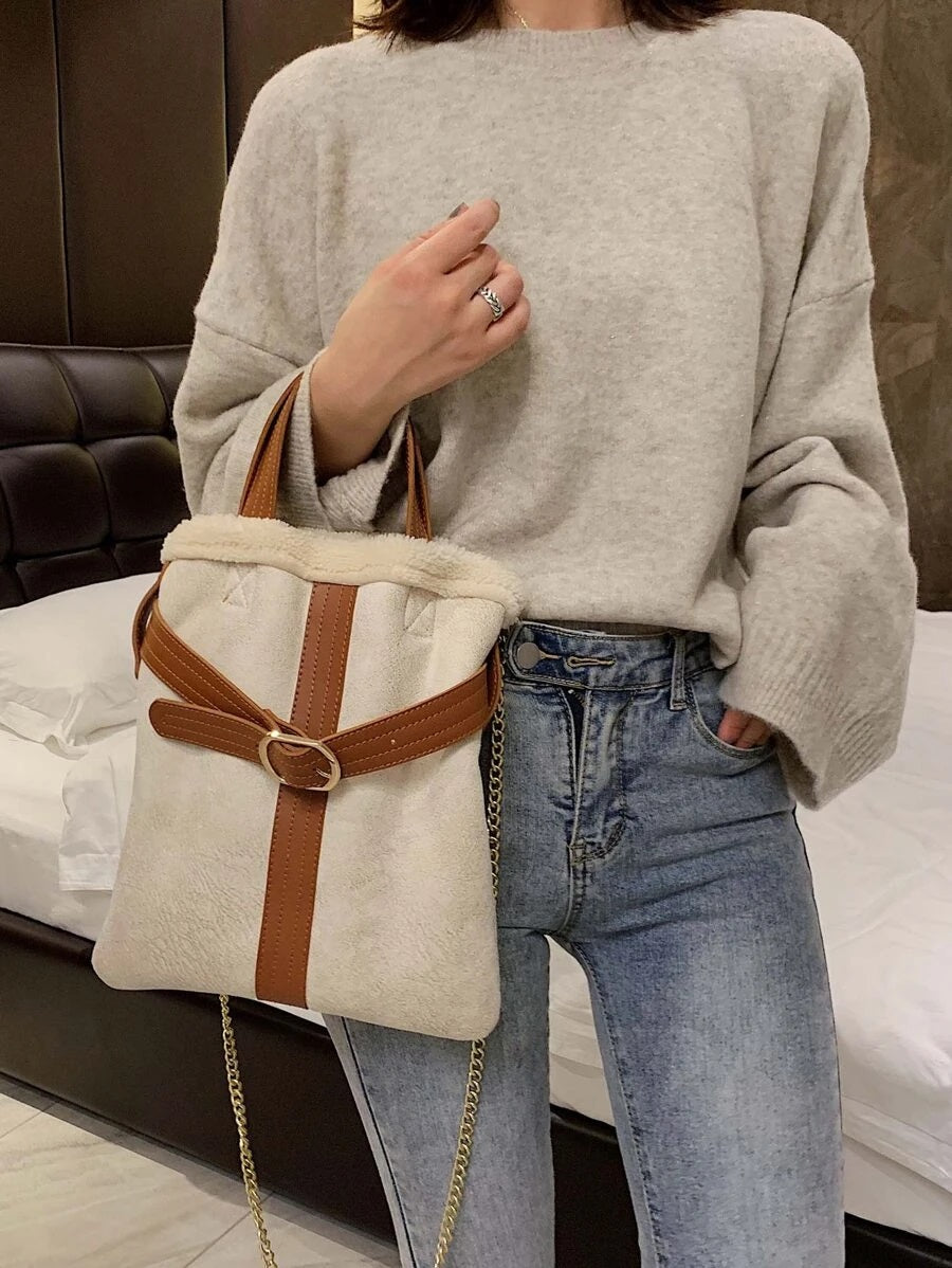 CM-BGS022817 Women Trendy Seoul Style Buckle Decor Chain Satchel Bag - Beige