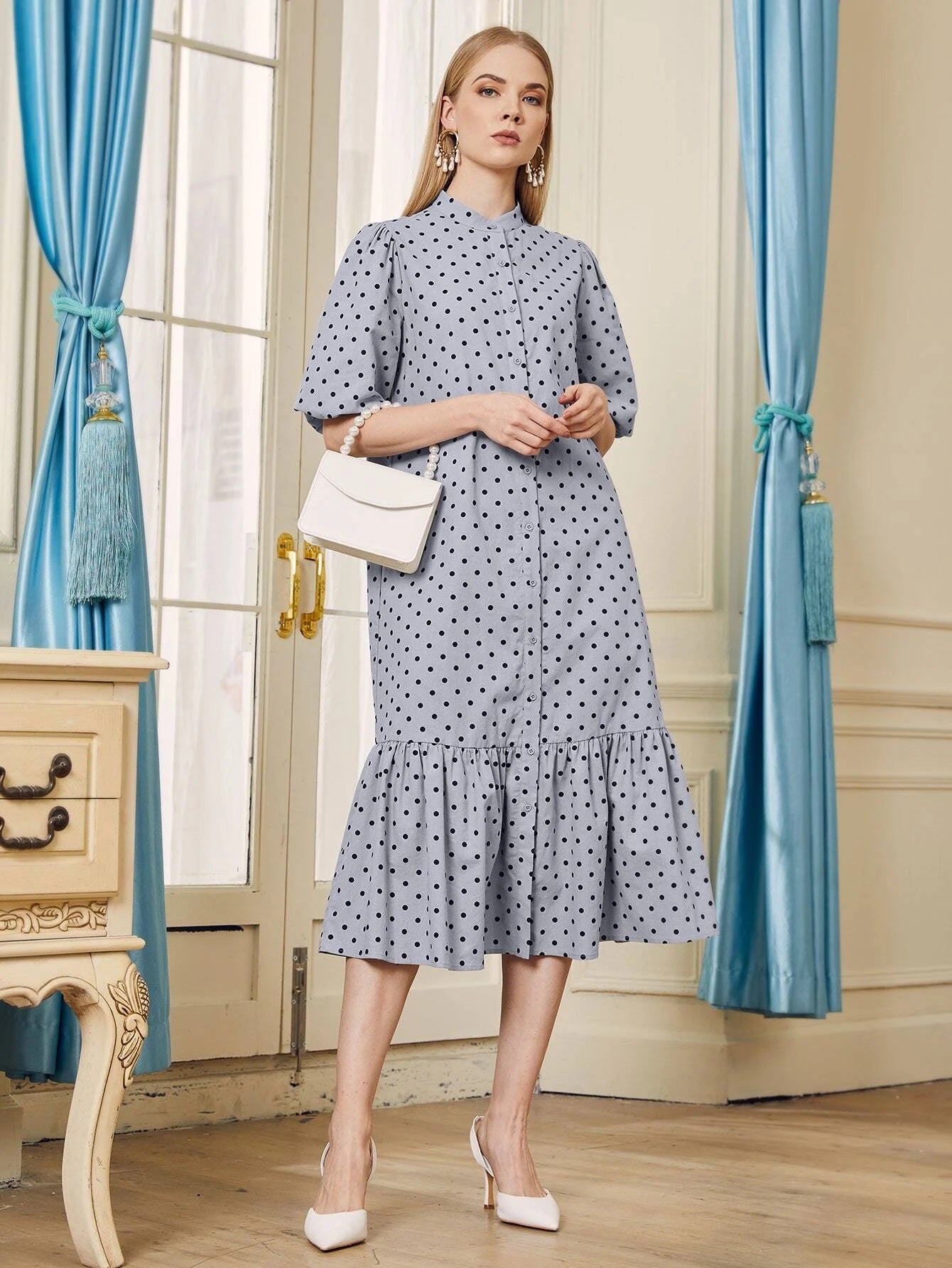 CM-DS929609 Women Casual Seoul Style Lantern Sleeve Flounce Hem Polka Dot Shirt Dress - Dusty Blue