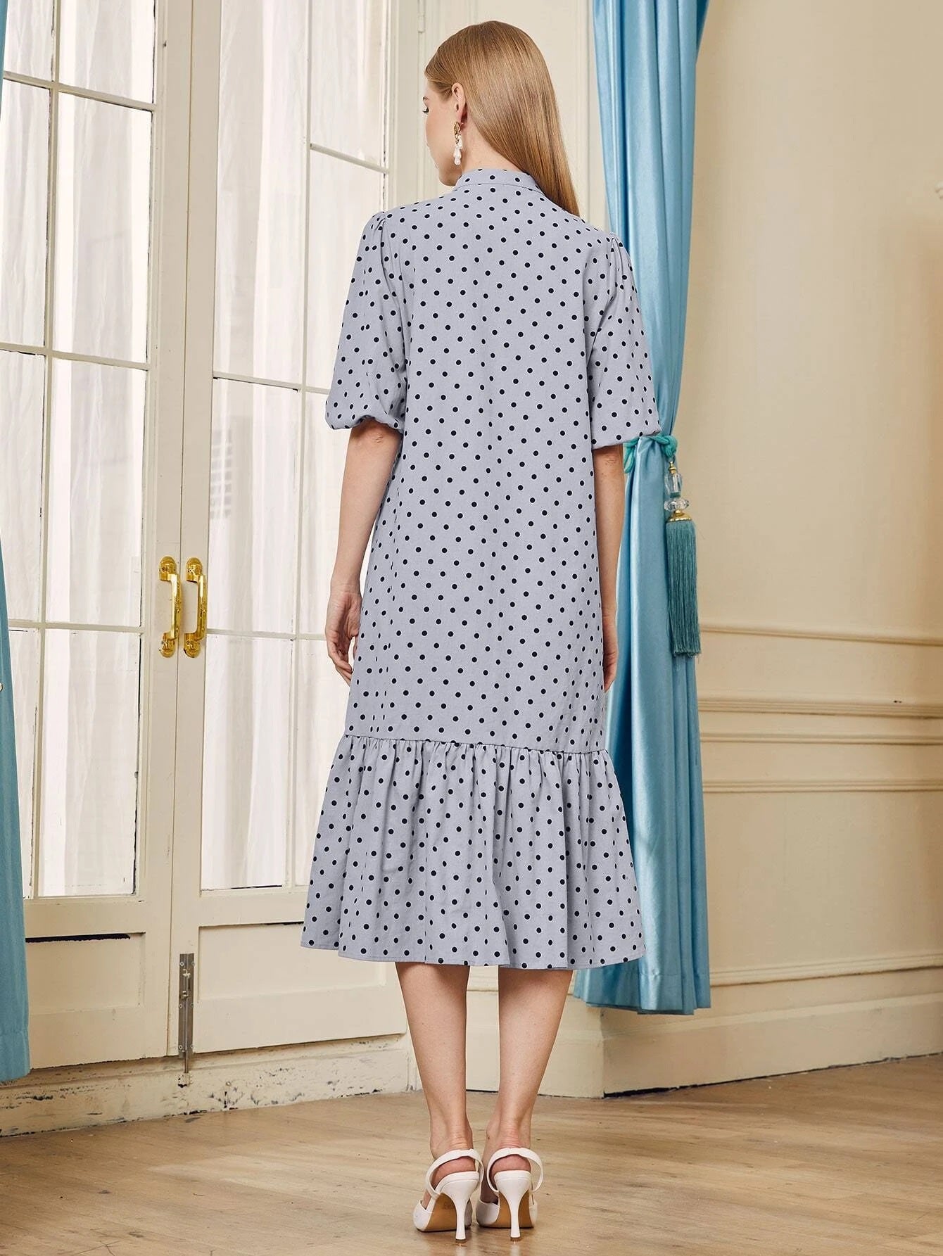 CM-DS929609 Women Casual Seoul Style Lantern Sleeve Flounce Hem Polka Dot Shirt Dress - Dusty Blue