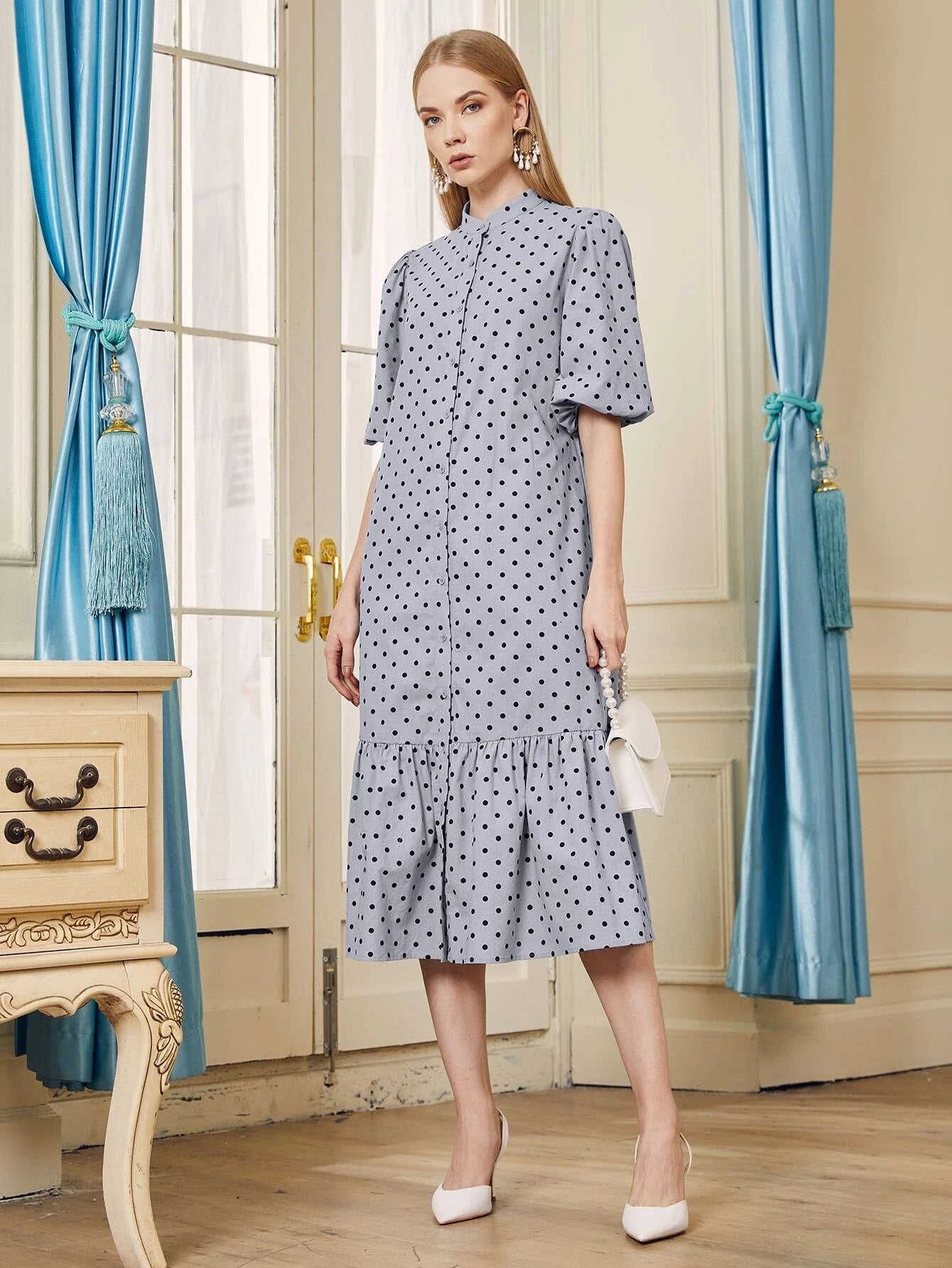 CM-DS929609 Women Casual Seoul Style Lantern Sleeve Flounce Hem Polka Dot Shirt Dress - Dusty Blue