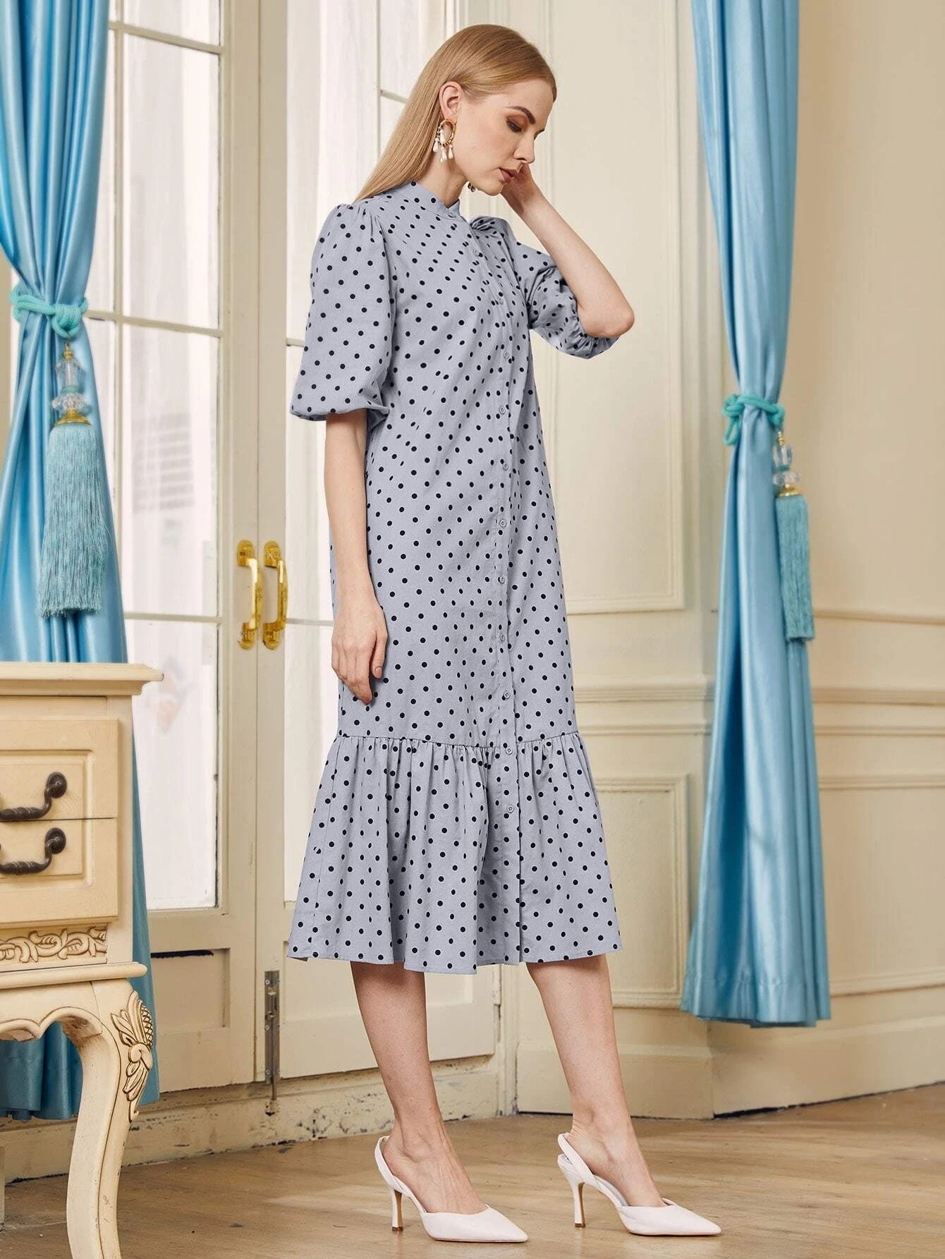 CM-DS929609 Women Casual Seoul Style Lantern Sleeve Flounce Hem Polka Dot Shirt Dress - Dusty Blue