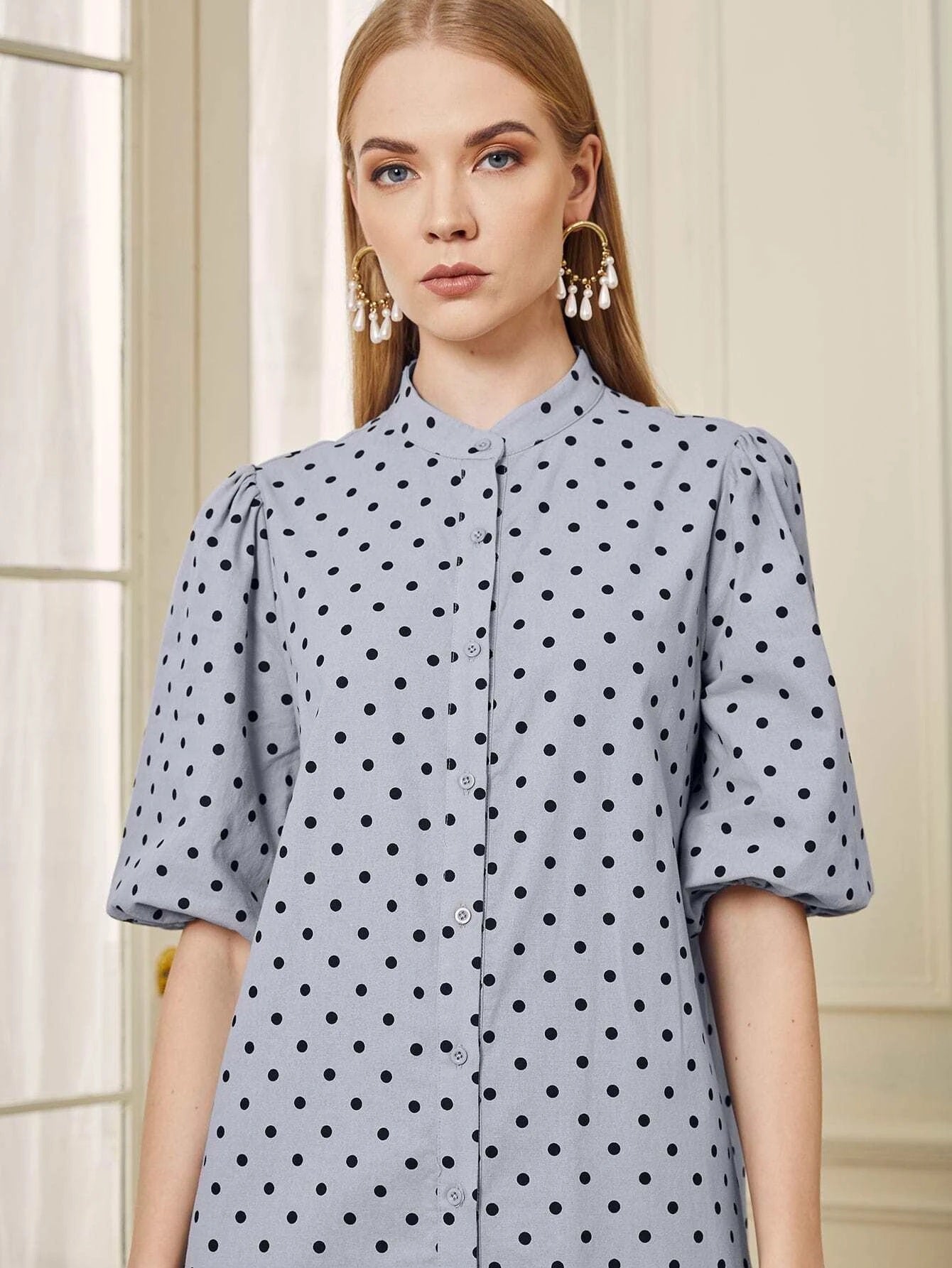 CM-DS929609 Women Casual Seoul Style Lantern Sleeve Flounce Hem Polka Dot Shirt Dress - Dusty Blue