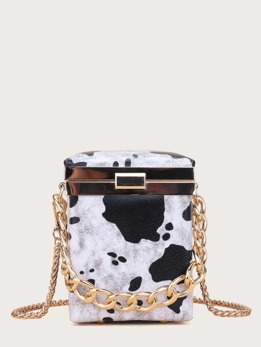 CM-BGS027348 Women Trendy Seoul Style Mini Cow Pattern Chain Box Bag