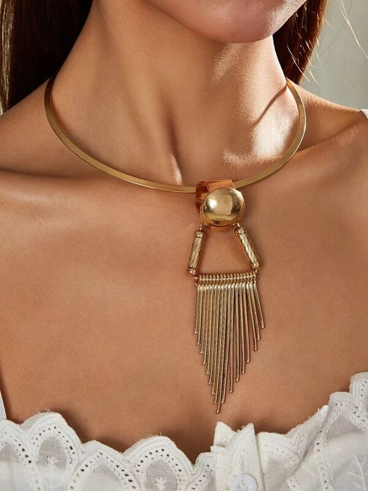 CM-AXS016476 Women Trendy Seoul Style Metal Tassel Decor Necklace - Gold