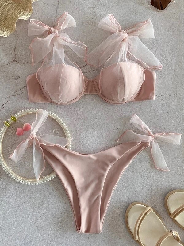 CM-SWS016787 Women Trendy Seoul Style Self Tie Underwire Bikini Swimsuit - Dusty Pink