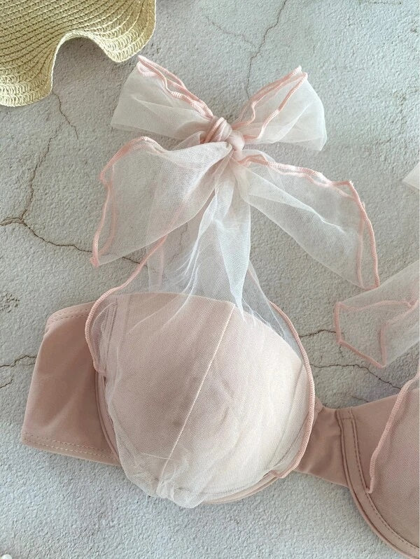 CM-SWS016787 Women Trendy Seoul Style Self Tie Underwire Bikini Swimsuit - Dusty Pink