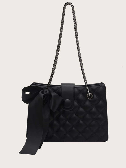 CM-BGS029468 Women Trendy Seoul Style Bow Decor Quilted Shoulder Bag - Black