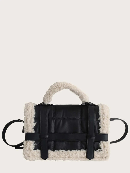 CM-BGS029690 Women Trendy Seoul Style Faux Fur Stitch Detail Satchel Bag - Black