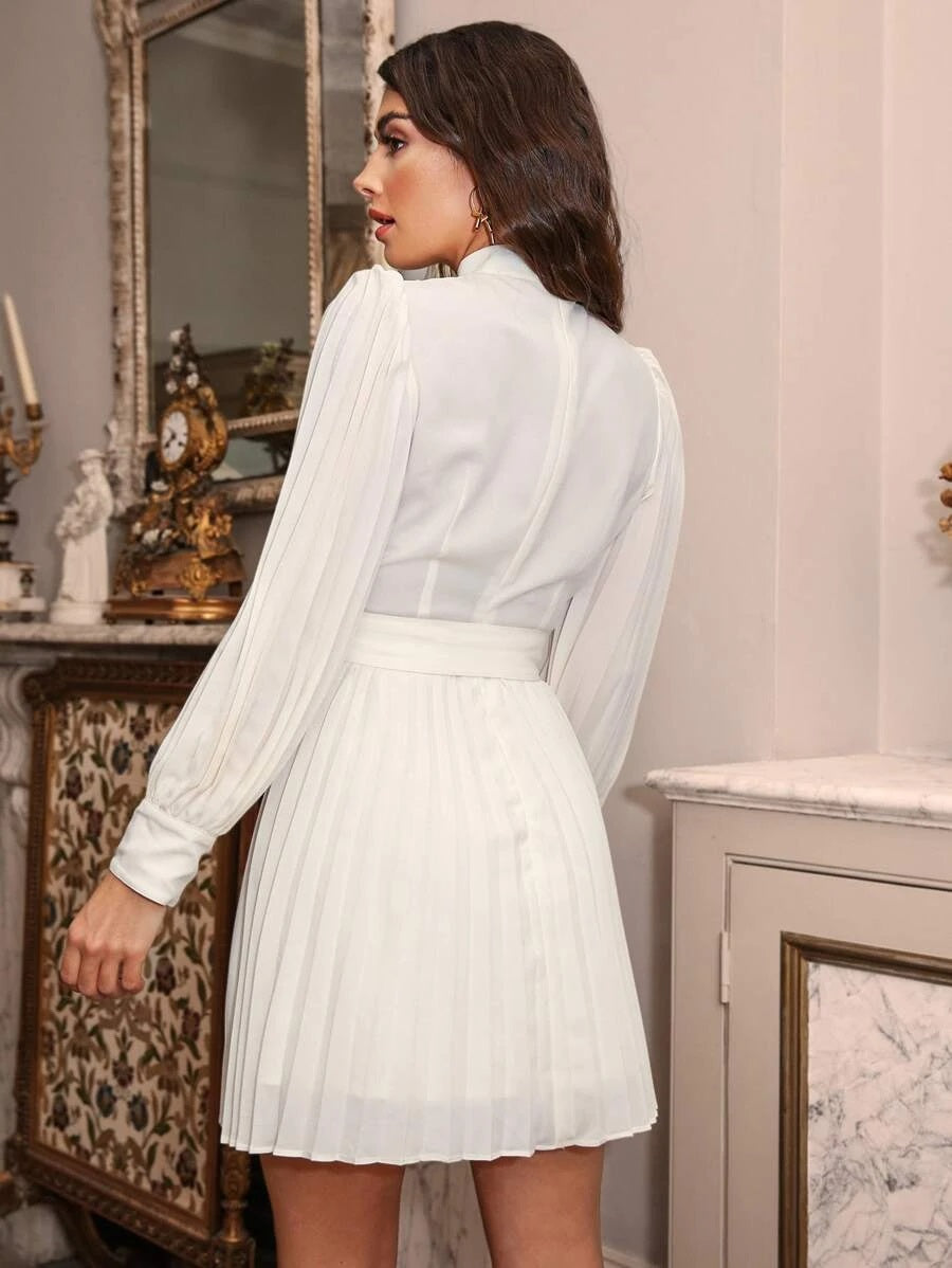 CM-DS923404 Women Elegant Seoul Style Mock-Neck Self Buckle Belted Pleated Dress - White