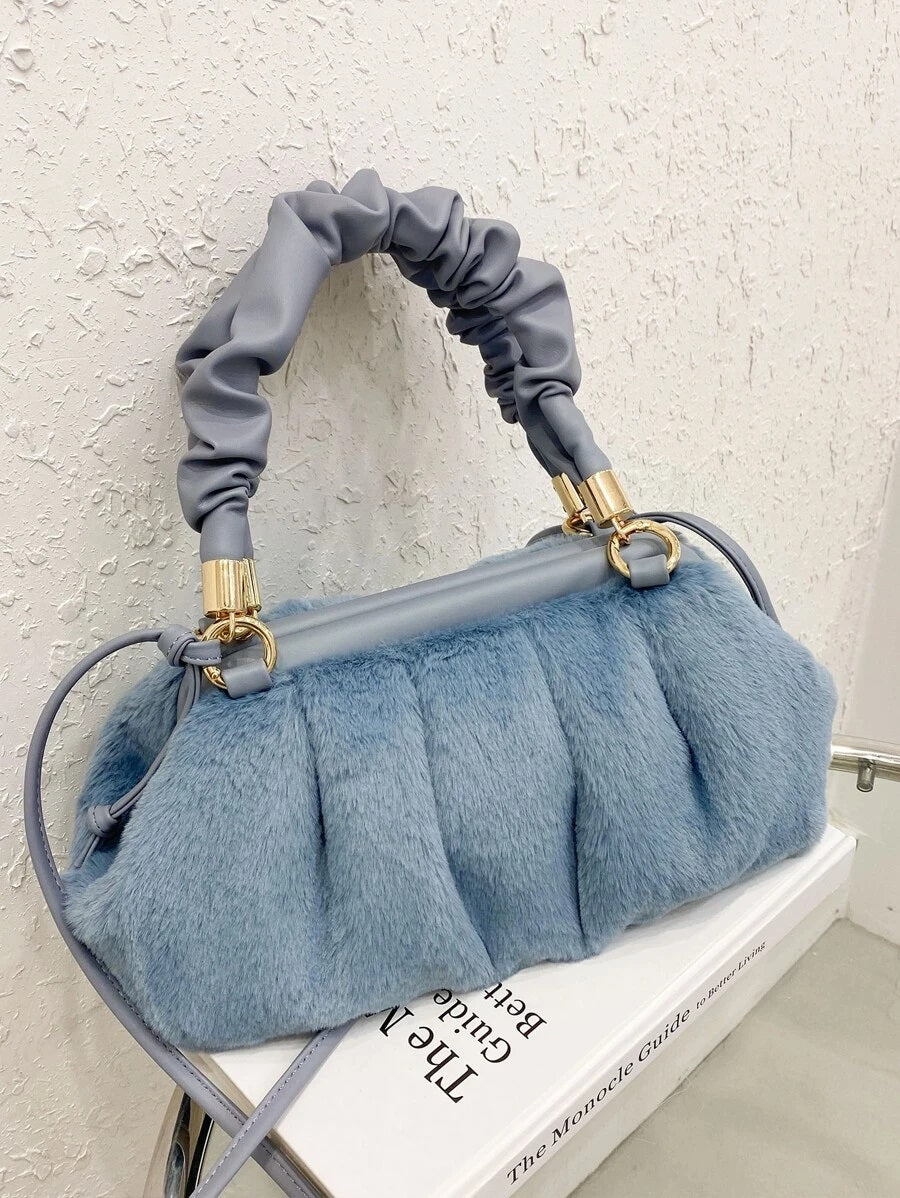 CM-BGS030840 Women Trendy Seoul Style Ruched Fluffy Satchel Bag - Blue