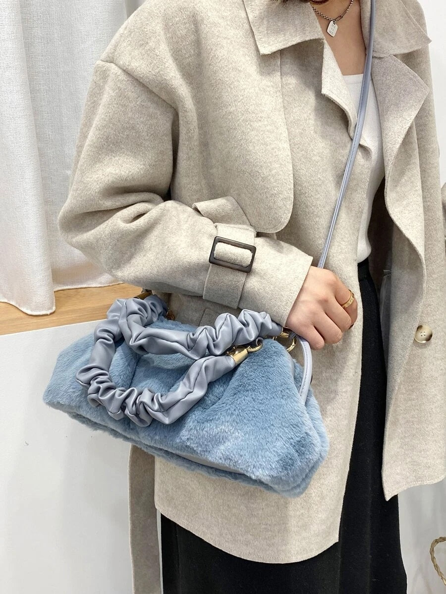 CM-BGS030840 Women Trendy Seoul Style Ruched Fluffy Satchel Bag - Blue