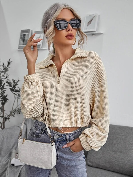 CM-TS918162 Women Casual Seoul Style Drawstring Hem Waffle Knit Sweatshirt - Beige