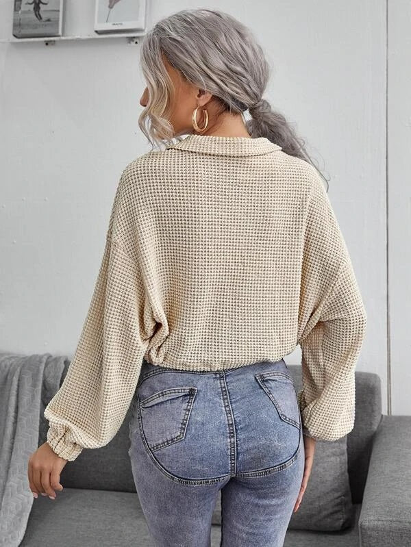 CM-TS918162 Women Casual Seoul Style Drawstring Hem Waffle Knit Sweatshirt - Beige