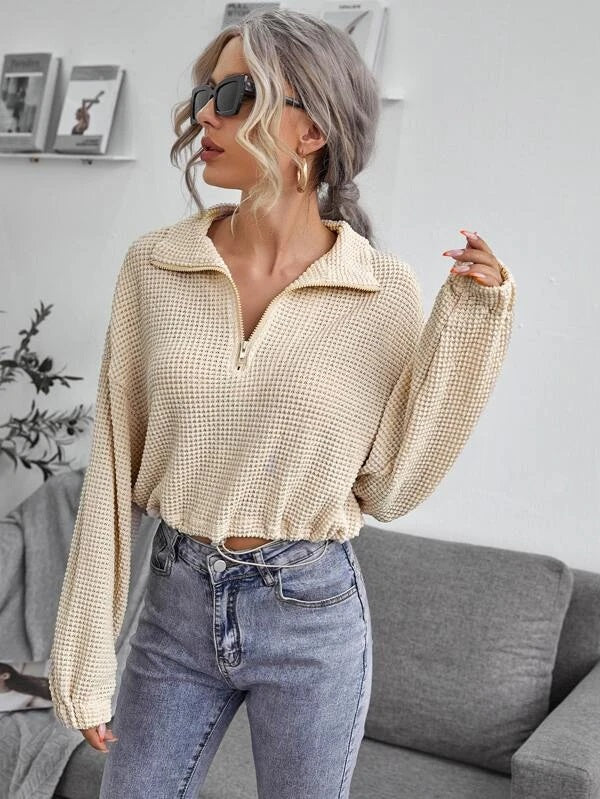 CM-TS918162 Women Casual Seoul Style Drawstring Hem Waffle Knit Sweatshirt - Beige