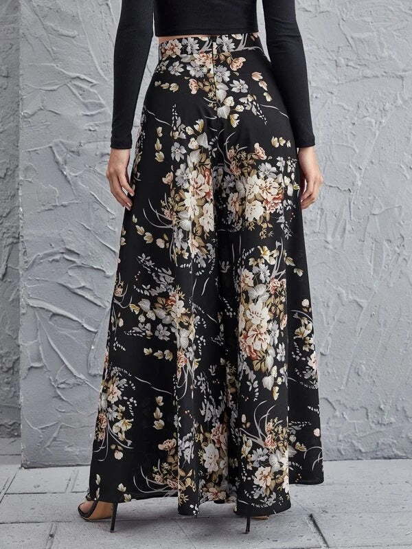 CM-BS923279 Women Trendy Bohemian Style High Waist Floral Wide Leg Pants - Black