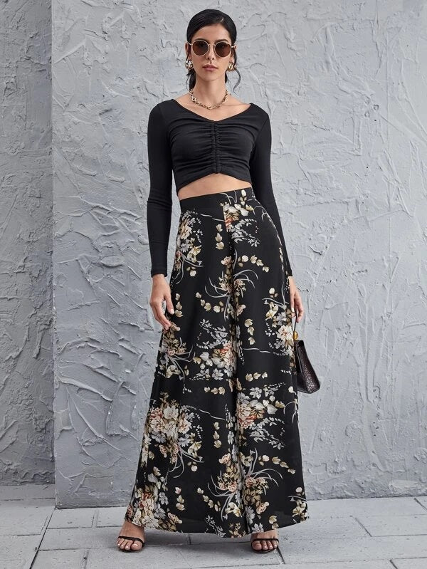 CM-BS923279 Women Trendy Bohemian Style High Waist Floral Wide Leg Pants - Black