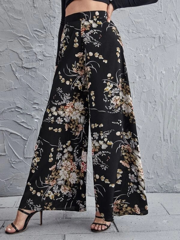 CM-BS923279 Women Trendy Bohemian Style High Waist Floral Wide Leg Pants - Black