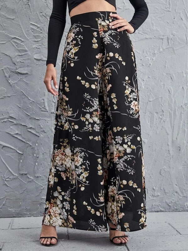 CM-BS923279 Women Trendy Bohemian Style High Waist Floral Wide Leg Pants - Black