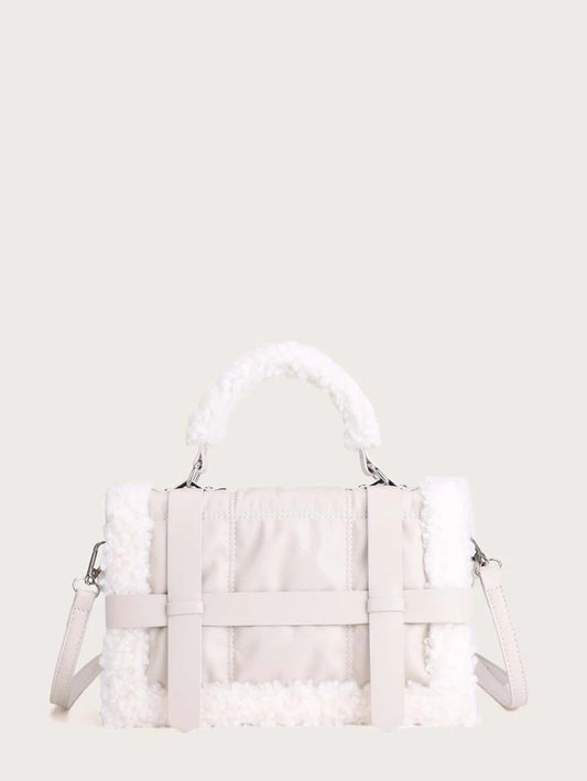 CM-BGS103714 Women Trendy Seoul Style Faux Shearling Trim Satchel Bag - White