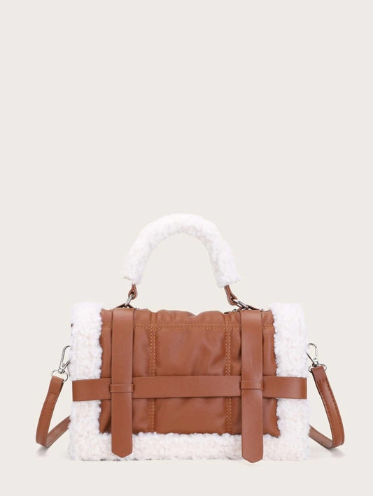 CM-BGS103298 Women Trendy Seoul Style Faux Shearling Trim Satchel Bag - Brown