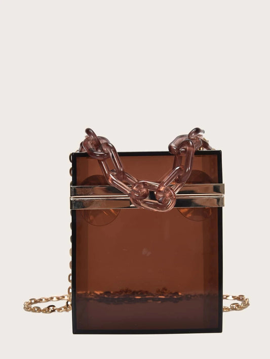 CM-BGS710791 Women Trendy Seoul Style Mini Clear Chain Box Bag - Brown