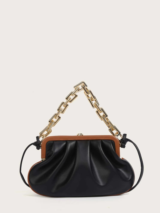 CM-BGS110820 Women Trendy Seoul Style Chain Clip Top Ruched Bag - Black