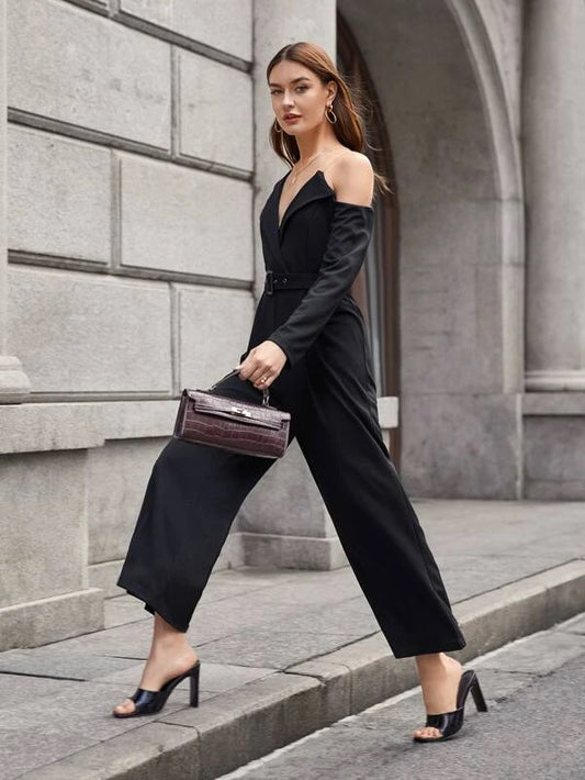 CM-JS027184 Women Elegant Seoul Style Asymmetrical Neck Buckle Belted Jumpsuit - Black