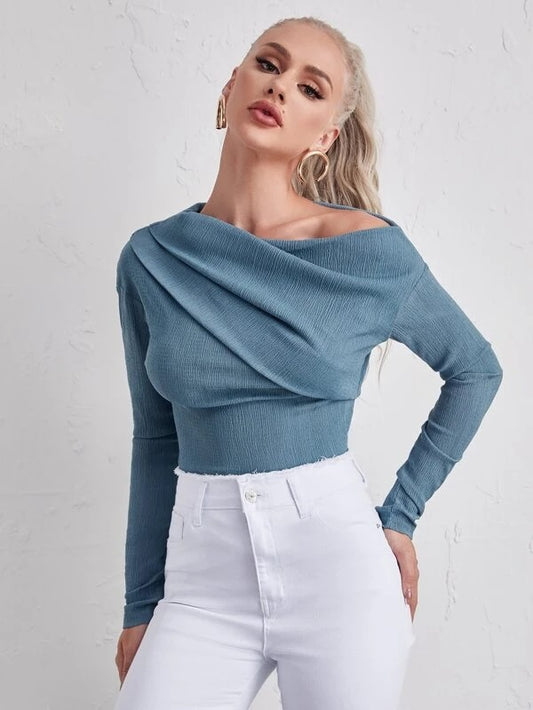 CM-TS914336 Women Casual Seoul Style Long Sleeve Solid Asymmetrical Neck Tee - Dusty Blue