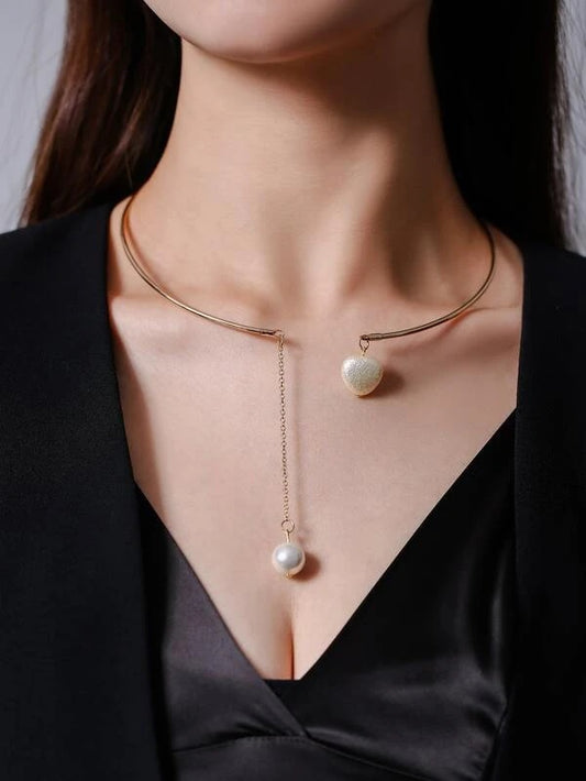 CM-AXS111171 Women Trendy Seoul Style Faux Pearl Charm Choker - Gold