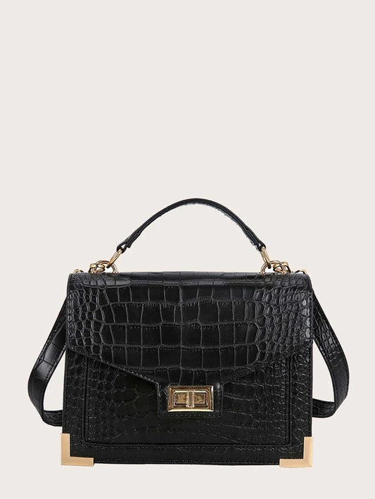 CM-BGS111875 Women Casual Seoul Style Turn-Lock Crocodile Satchel Bag - Black