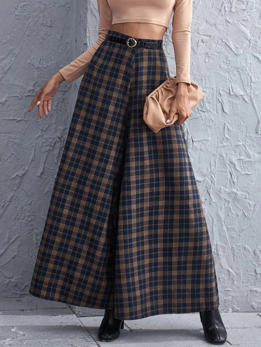 CM-BS020506 Women Casual Seoul Style High Waist Tartan Wide Leg Pants - Navy Blue