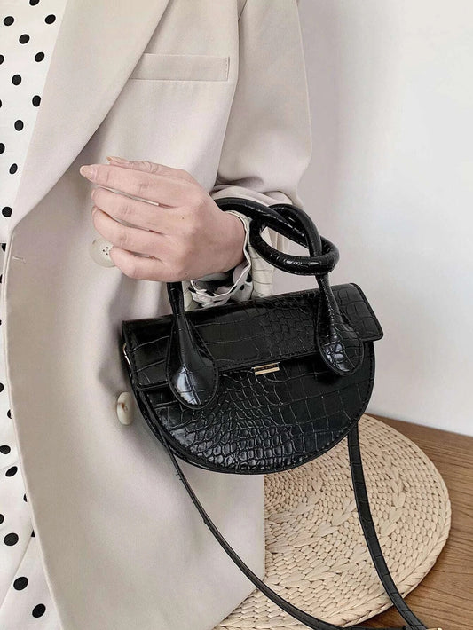 CM-BGS113600 Women Casual Seoul Style Semicircle Croc Embossed Satchel Bag - Black