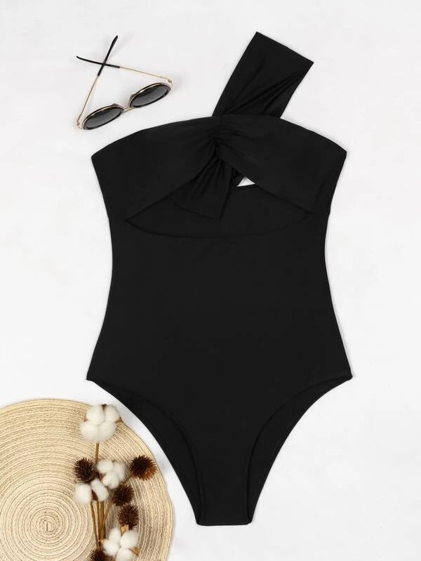 CM-SWS103762 Women Trendy Seoul Style Cut-Out One Shoulder One Piece Swimsuit - Black