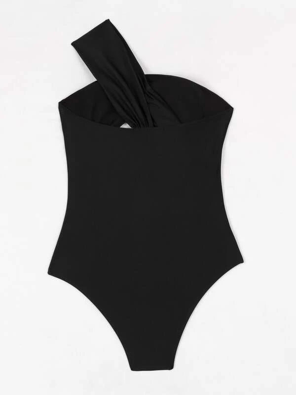 CM-SWS103762 Women Trendy Seoul Style Cut-Out One Shoulder One Piece Swimsuit - Black