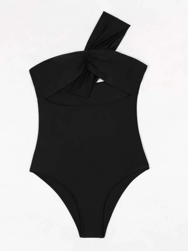 CM-SWS103762 Women Trendy Seoul Style Cut-Out One Shoulder One Piece Swimsuit - Black