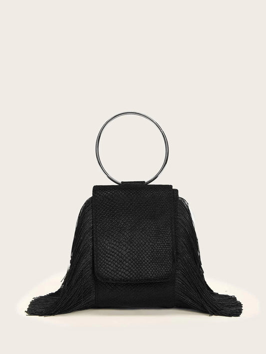CM-BGS110460 Women Trendy Seoul Style Tassel Ring Handle Clutch Bag - Black