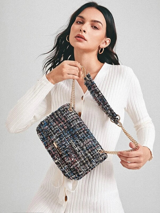 CM-BGS112631 Women Trendy Seoul Style Tweed Flap Chain Shoulder Bag - Black