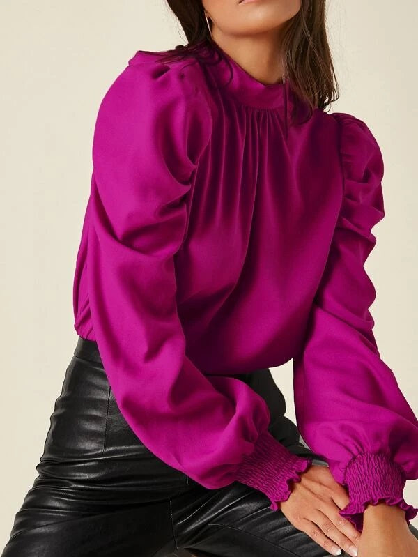 CM-TS915781 Women Elegant Seoul Style Tie Back Shirred Cuff Leg-Of-Mutton Sleeve Top - Hot Pink